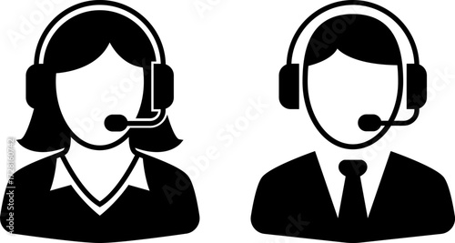 Black customer support vector icons of male and female call center operators with headsets