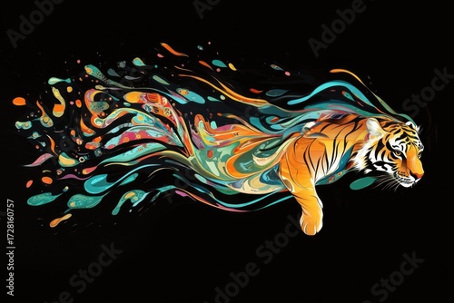 Abstract tiger leaping, vibrant colors, dynamic design on black background