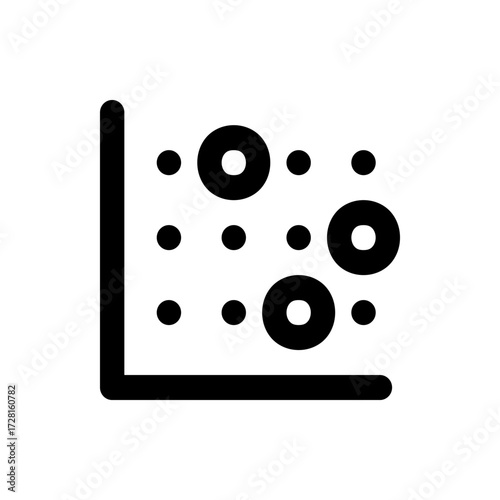 Black and white diagram showing a grid with circles and dots and a corner axis on a white background