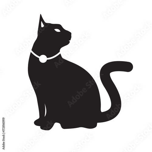 black cat on white, Elegant Sitting Cat Silhouette, Stylish cat silhouette illustrations.