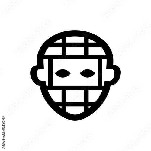 Black and white graphic illustration of a head with a grid pattern and dark eyes, simple design style