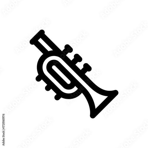 Illustration of a black trumpet with valves and a bell on a white background in a simple vector style