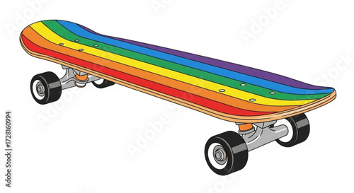 A skateboard with rainbow stripes, representing freedom, expression, and the vibrant spirit of skateboarding culture and individuality