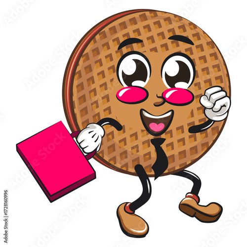 funny stroopwafel mascot character cute round waffle vector illustration wearing a tie and carrying a suitcase rushing to the office, work of hand drawn