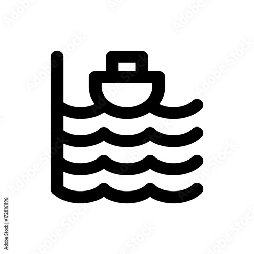 A simple black and white illustration of a boat on water with waves and a dock or pier structure nearby