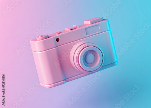 Retro camera with soft pink and blue neon gradient lighting