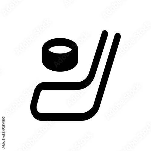 A simple black and white icon showing a hockey stick and puck in a minimalist and modern style design