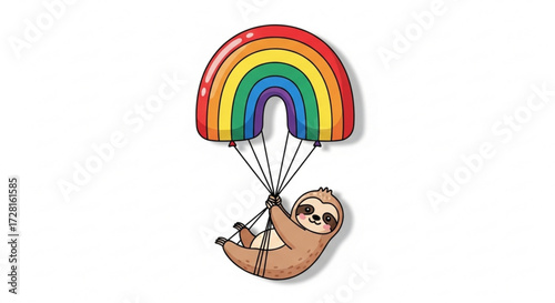 A cute sloth is flying with a rainbow parachute the sloth is holding onto the strings of the parachute with its hands and feet