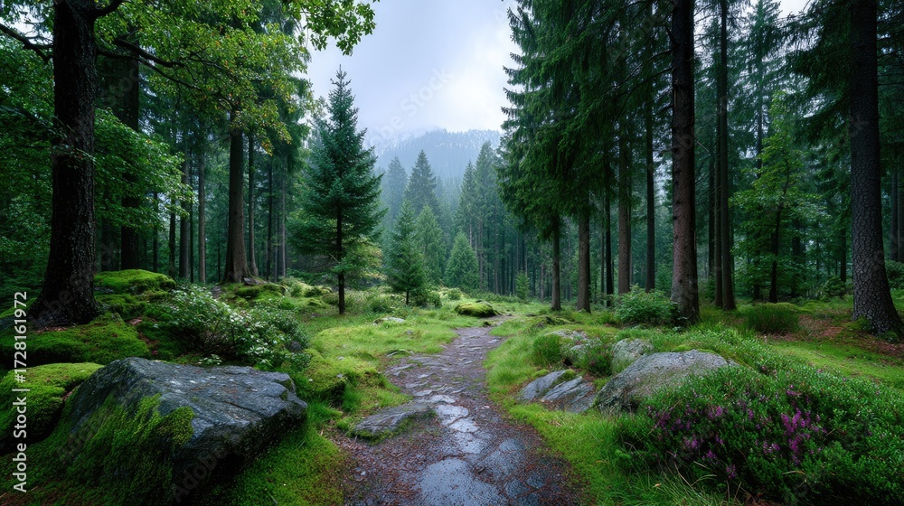 Obraz premium Lush Green Mossy Forest Path with Towering Trees and Distant Mountain Peaks Under Atmospheric Light
