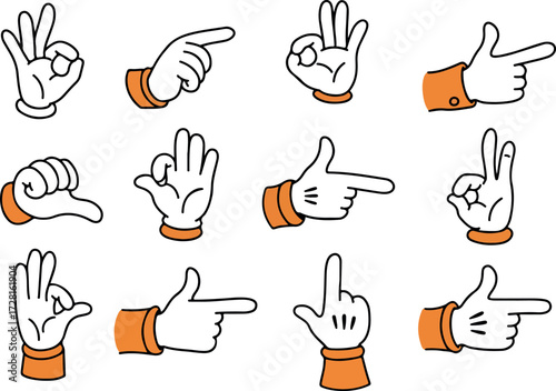 Cartoon hand gestures collection with various pointing and okay signs.