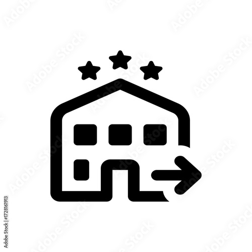 Black and white icon of a building with three stars above and an arrow pointing to the right side icon