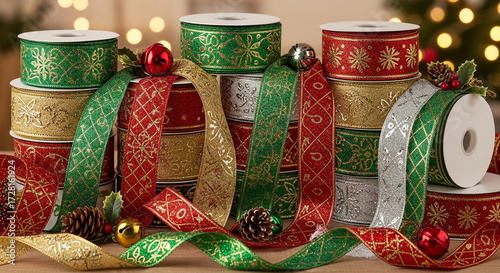 A festive display of colorful ribbons with christmas patterns, perfect for adding a touch of holiday cheer to gifts and decorations