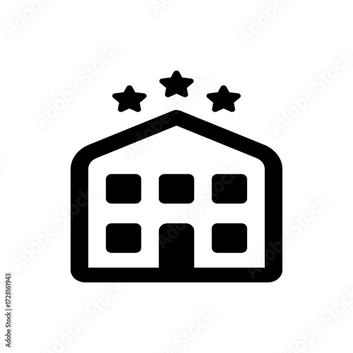 Illustration of a hotel building with a roof and windows with three stars above it in solid black color