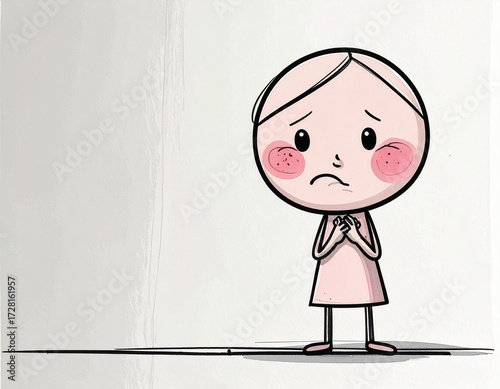 A hand-drawn cartoon character with a sad, apologetic, and worried expression, hands clasped together.