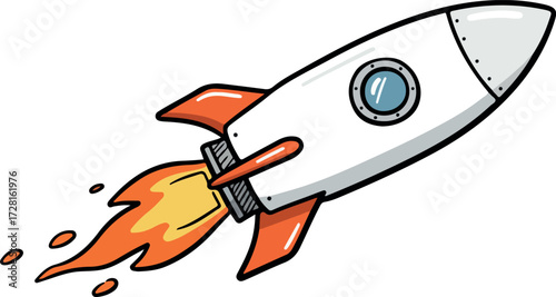 Cartoon rocket ship soaring through the atmosphere with fiery exhaust.