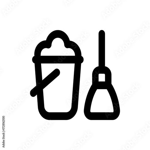 Illustration of a cleaning bucket filled with soap suds and a plunger depicted in a minimalist style