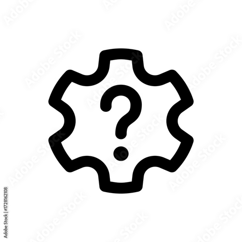 Black outline of a gear shape with a question mark inside, indicating help, support, or troubleshooting issues