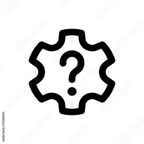Black outline of a gear shape with a question mark inside, indicating help, support, or troubleshooting issues