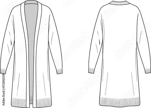 Women open front cardigan sweater flat sketch fashion template, long knitwear coat design, apparel clothing vector illustration front and back