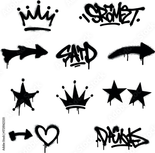 Graffiti art collection featuring crowns stars arrows hearts and words in black spray paint style.