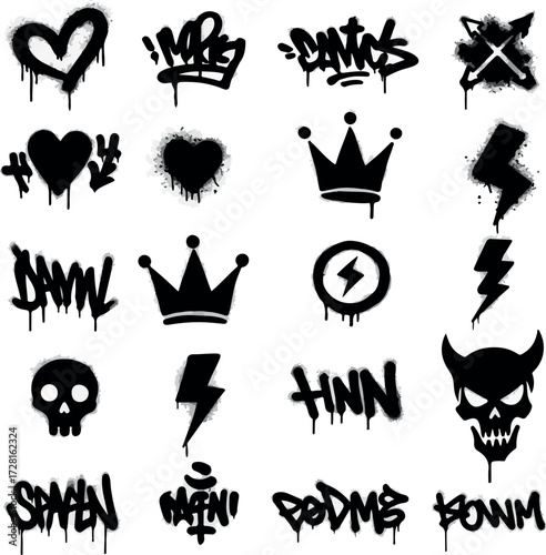 Graffiti art collection featuring hearts crowns skulls and lightning bolts.