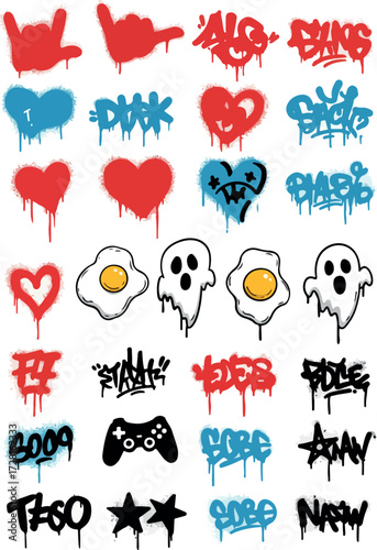 Graffiti art collection featuring hearts eggs ghosts and controller symbols.