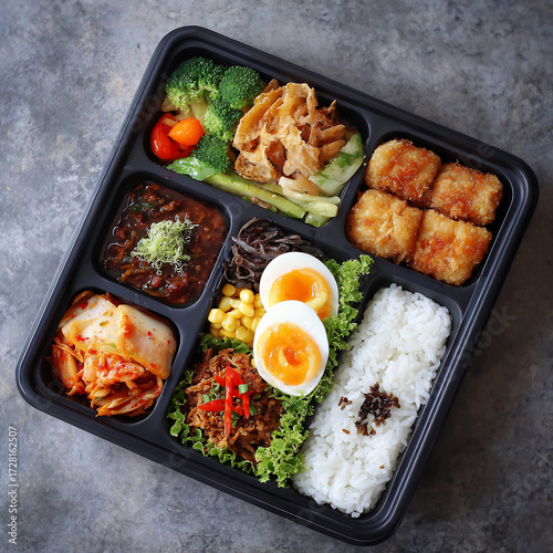 Delicious Asian Bento Box Meal with Steamed Rice, Soft-Boiled Eggs, Kimchi, Fried Dishes, and Assorted Vegetables, Served in a Black Container on a Gray Concrete Background