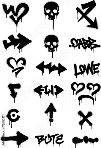 Graffiti art collection featuring hearts skulls arrows and various symbols.