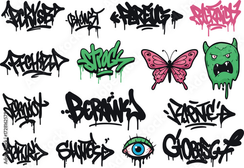 Graffiti art collection featuring various tags and illustrations.