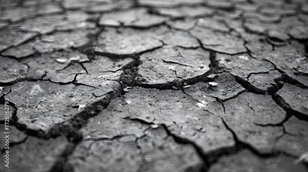 Fototapeta premium Closeup cracked dry earth monochrome texture background