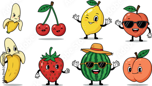 Cheerful fruit characters smiling and waving in a colorful cartoon illustration.