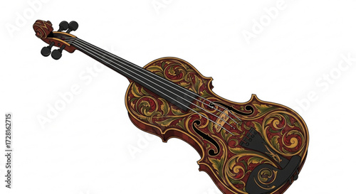 A beautifully decorated violin with intricate floral patterns, showcasing the artistry and craftsmanship of musical instruments