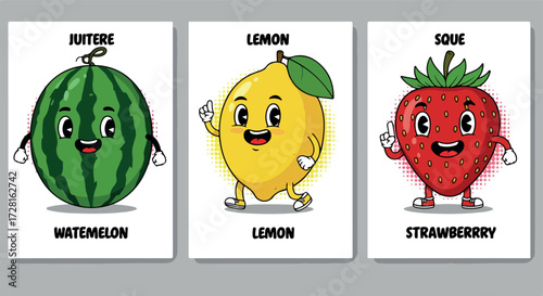 Cartoon fruits watermelon lemon and strawberry smiling on white cards.