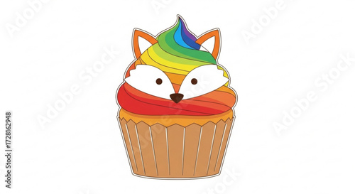 A whimsical fox cupcake, featuring rainbow frosting, perfect for kids parties, animal lovers, and unique dessert creations