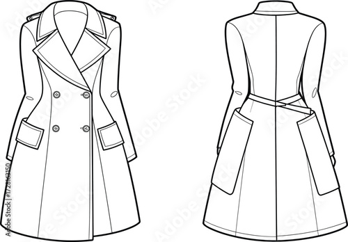 Women’s trench coat fashion flat sketch, long double breasted overcoat design with pockets, apparel vector illustration front and back view