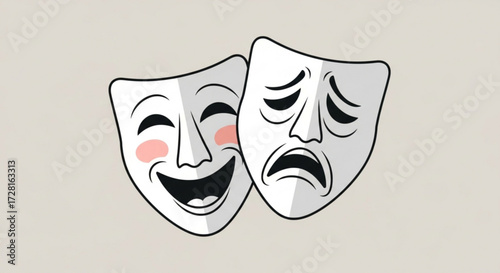 A poignant depiction of theatrical masks, , embodying the duality of human emotion through the contrasting expressions of joy and sorrow