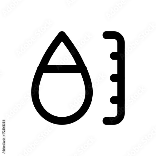 Illustration of a water drop symbol next to a vertical bar with four rounded tick marks indicating level