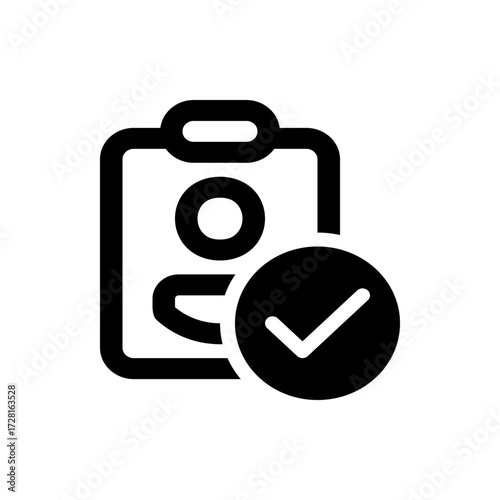 Black clipboard icon with rounded corners containing a person icon and a checkmark on the lower right