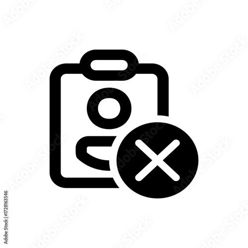 Black clipboard icon with rounded edges showing a person icon and a cancellation mark in a circle shape