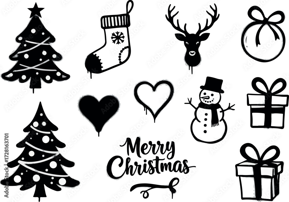 Fototapeta premium Christmas themed vector illustrations of various holiday elements and decorations.