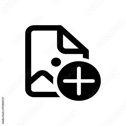 Illustration of a file icon with a folded corner and a plus sign inside a circle on the lower right side