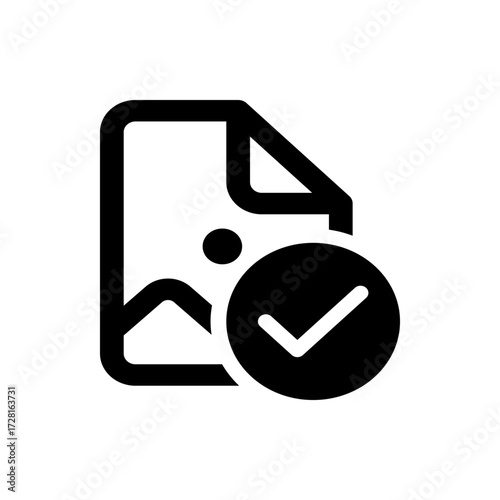 Illustration of a document with folded corner and image inside with a checkmark in a circle icon