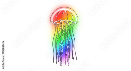 A vibrant jellyfish with rainbow colors and long tentacles floats gracefully, its bioluminescent glow adds to its beauty