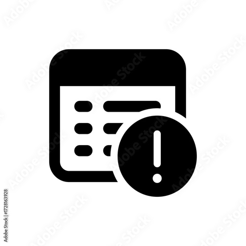 Black calendar icon with rounded corners displaying list items and an exclamation mark in a circle icon
