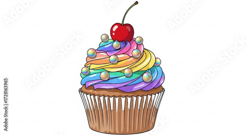 A delightful cupcake, adorned with rainbow frosting, shimmering pearl sprinkles, and a luscious red cherry on top, a sweet treat