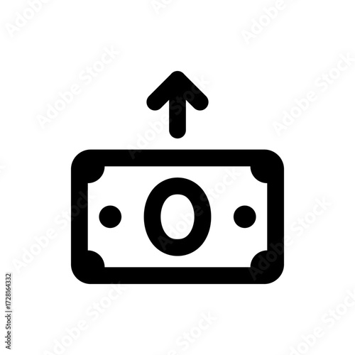 Black and white graphic icon showing a money bill with an upward pointing arrow above it indicating growth