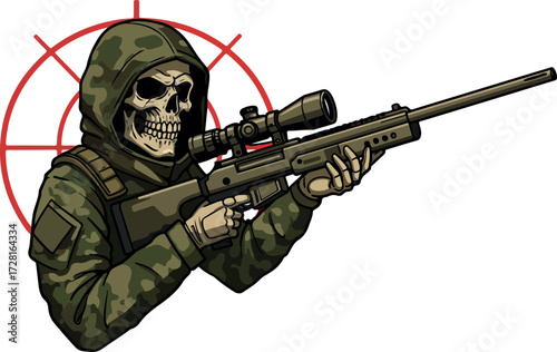 Grim Reaper Sniper Aiming Rifle with Scope and Camouflage Gear.