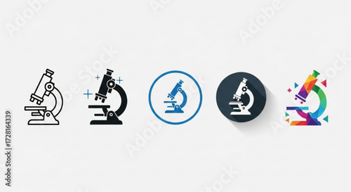 Microscope icons set collection of microscope vector icons in different styles microscope logo, symbol, sign, emblem, label, badge design