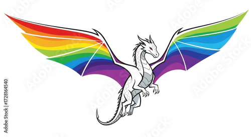 A majestic white dragon soars with rainbow wings, a symbol of pride and fantasy, a mythical creature in vibrant colors