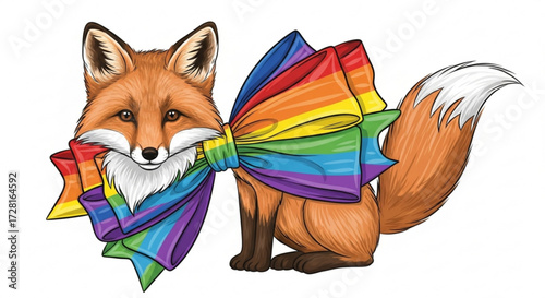A charming fox adorns a rainbow bow, a symbol of pride and natures beauty, a colorful and whimsical illustration